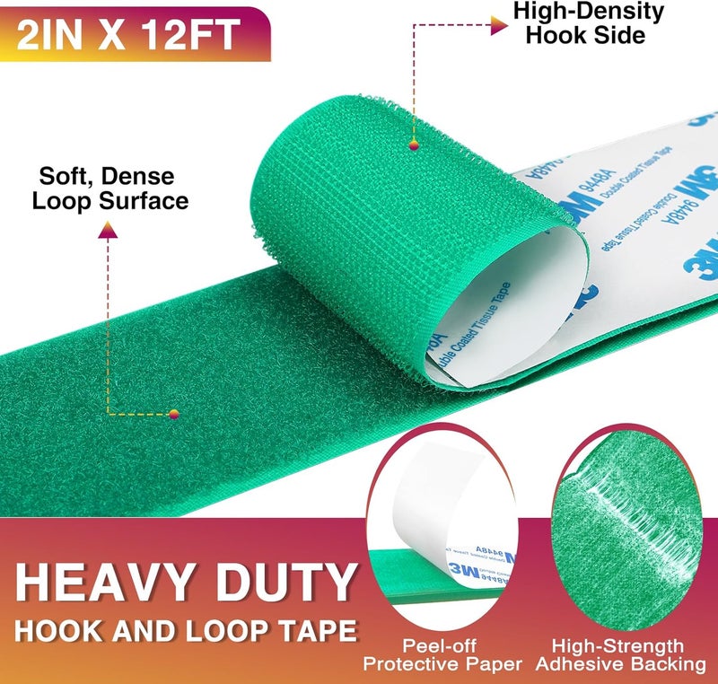 Summerbrite 12Ft x 2 Inch Hook and Loop Tape, Heavy Duty Double-Sided Adhesive Strips, Strong Sticky Back Fastener Roll, Cuttable Interlocking Tape Fasteners for Home, Office, Car, School & DIY Crafts White Green - Image 2